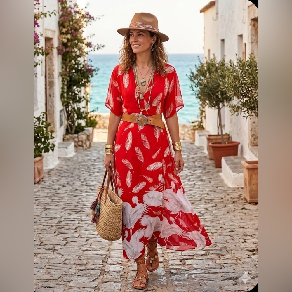 New York and Co feather and crane wrap dress size med